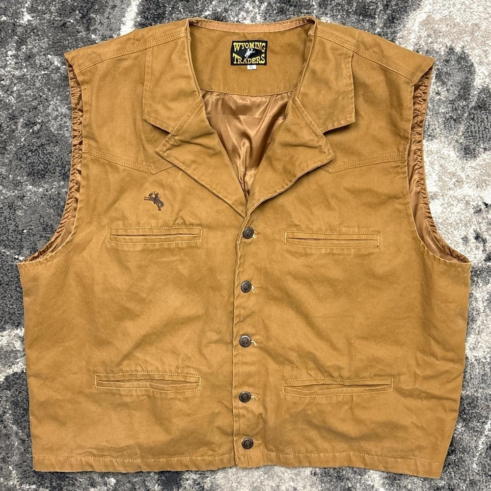 Wyoming Traders Vest Mens XL Brown Canvas Button Tan Khaki Western Rancher Rodeo