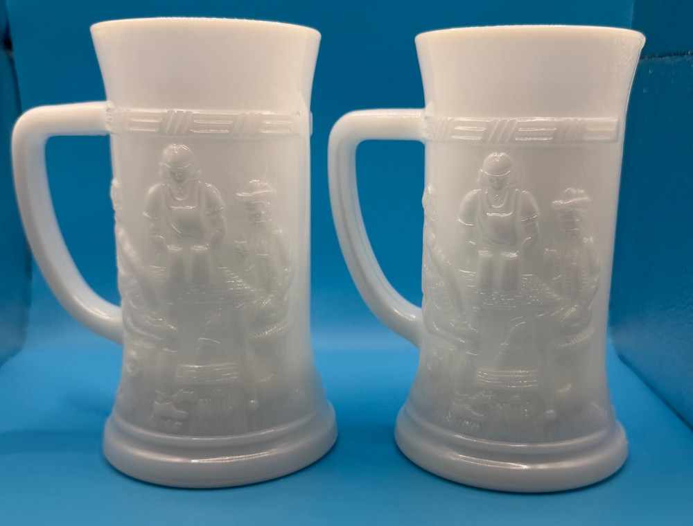 Pair of Vintage Federal Milk Glass Beer Mug Stein Tankard Embossed Tavern Scene