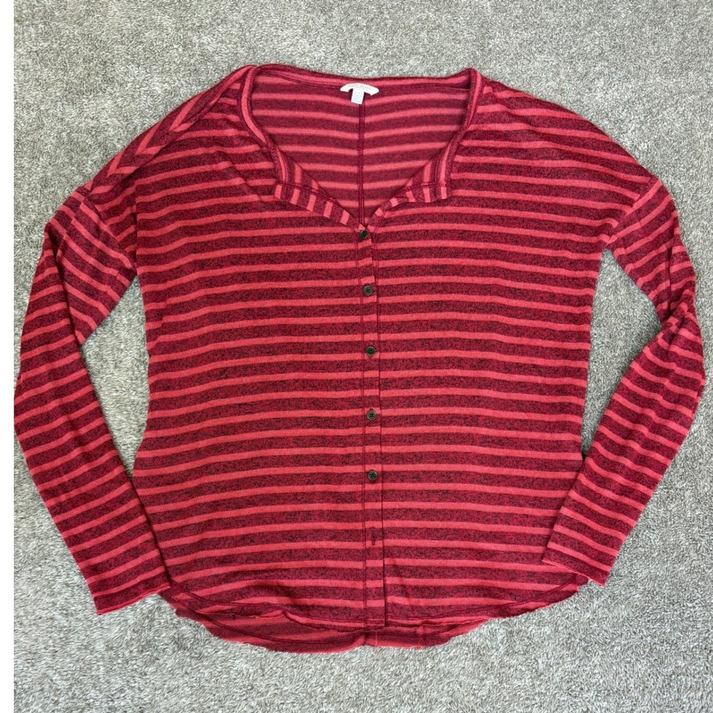 Lucky Brand Red Striped Long Sleeve Button Front Lightweight Top Women's L