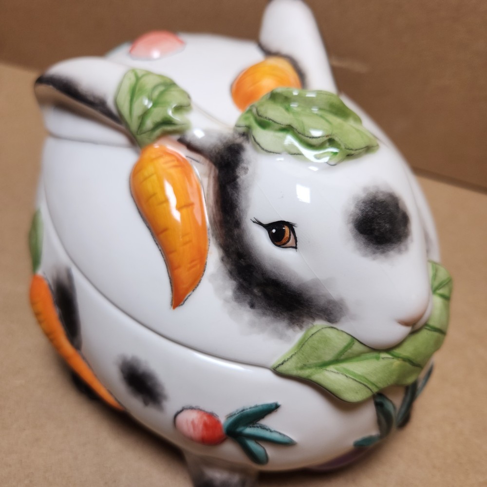 vintage fitz and floyd dish w lid spotted rabbit handcrafted trinket candy