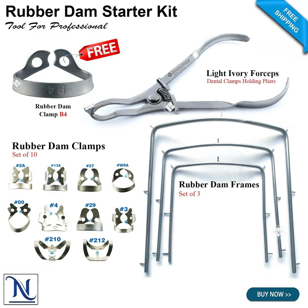 Dental Rubber Dam Starter Set Kit with Frame Punch Clamps Instruments 15Pcs CE