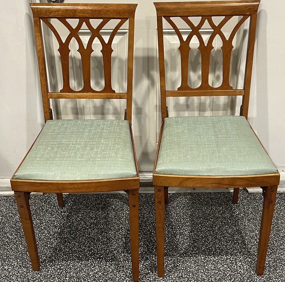 2 VTG LEG-O-MATIC Airstream RV Travel Trailer Folding Wood Chair w/ Metal Hinges