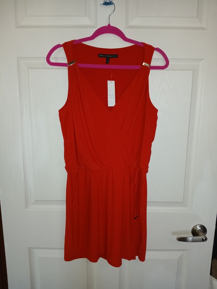 White House Black Market Women’s 6 Red Romper Dress Metal Tie Waist Pockets NWT