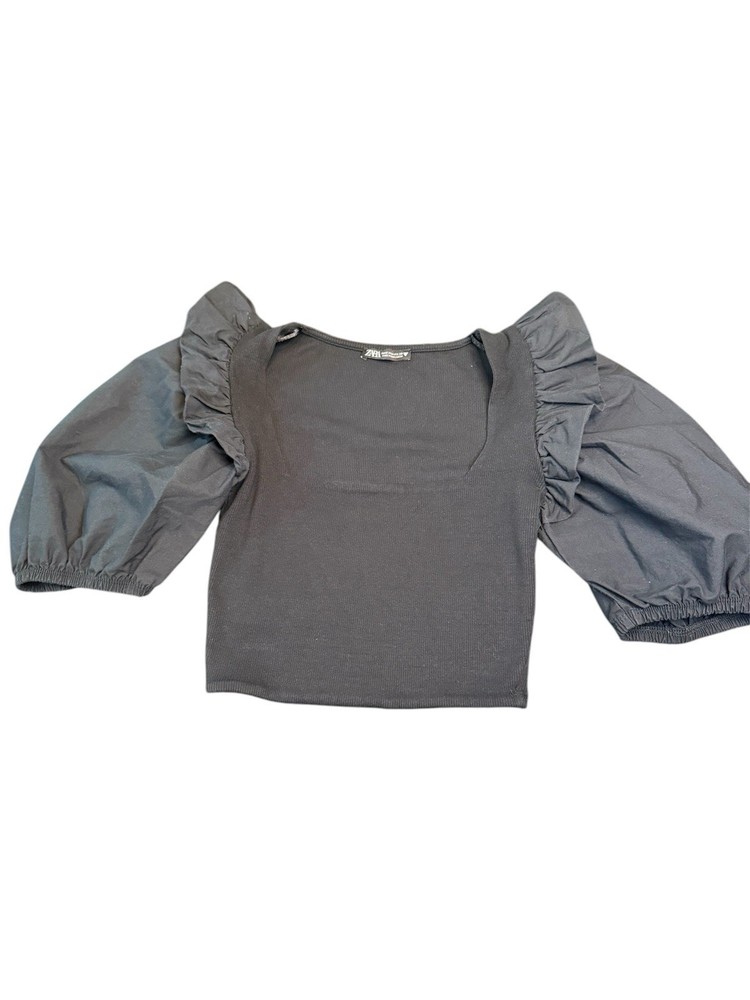 Zara Black Cotton Ruffle Puff Sleeve Square Neck Knit Blouse Size M