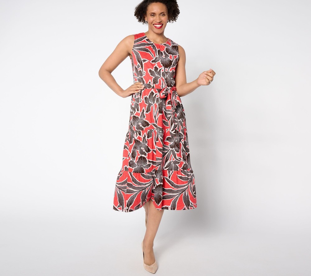 Denim & Co. Women's Petite Dress PM Slub Jersey Tiered Midi Multi-colored