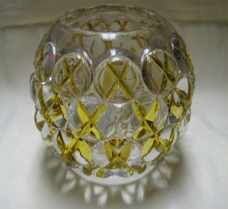 Antique Hobbs Eapg Pressed Glass X's and O's Amber Stained Rose Bowl - 1880s