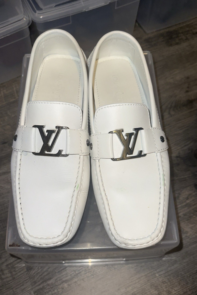 Louis Vuitton Men's White Leather Slip-On Loafers LV Logo Square Toe Sz 10