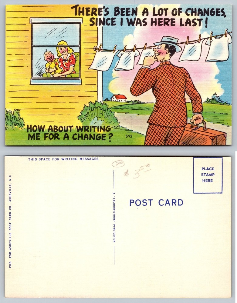 Vintage Humorous Cartoon Postcard - Man Sees Changes, Asheville NC Publisher