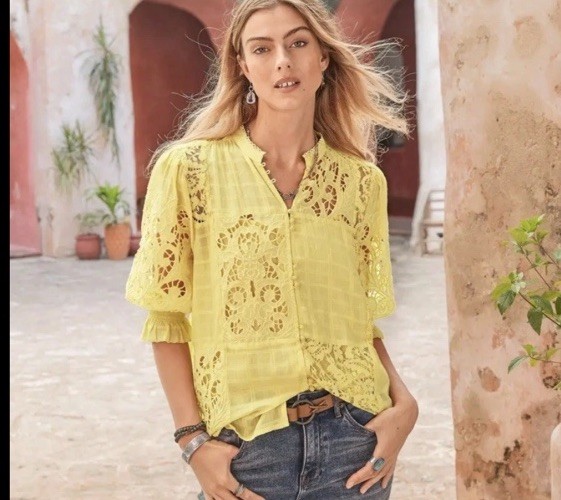 NEW Sundance Catalog Women’s YELLOW GARBO LACE TOP Embroidered Blouse Shirt PS