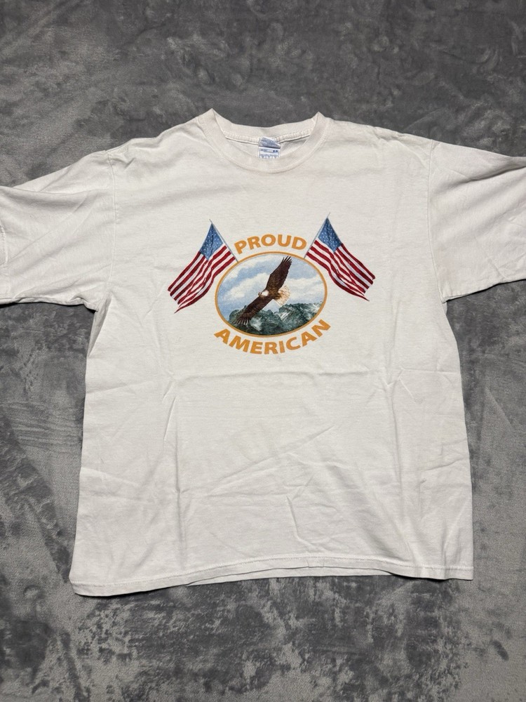 Proud American Shirt Mens Large White Bald Eagle American Flag USA Patriotic Tee