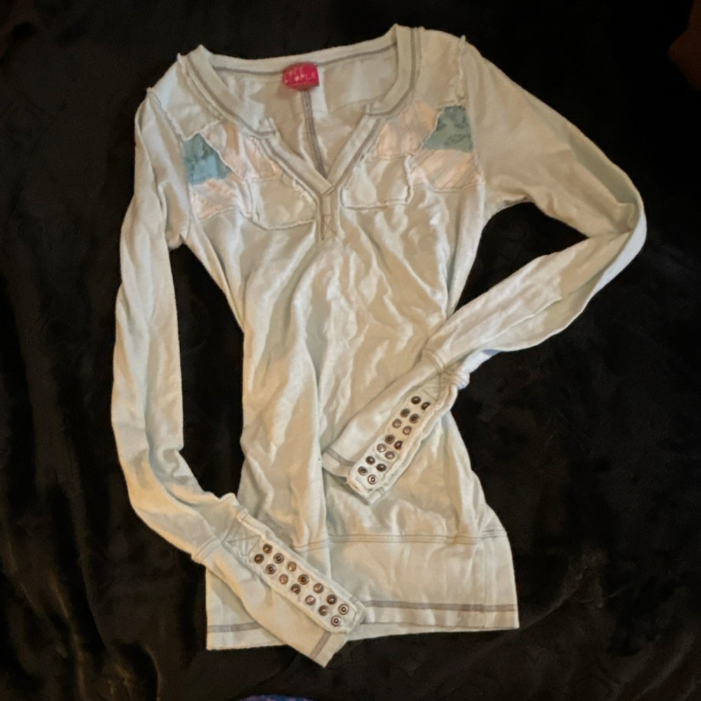 Free People Cotton Knit Light Blue Long Sleeve V-Neck Pullover Top XS Button
