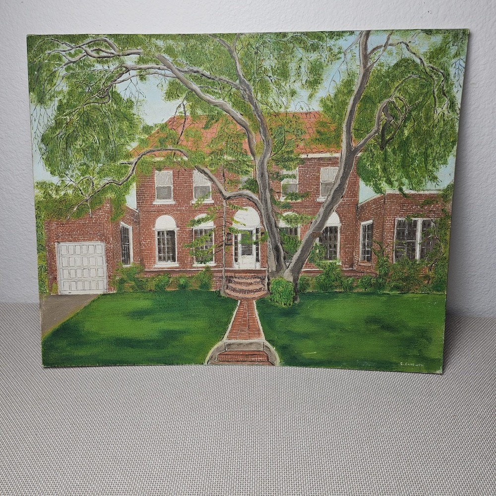 Original Oil Painting Brick Estate House Large Tree Landscape Signed Art 16x20