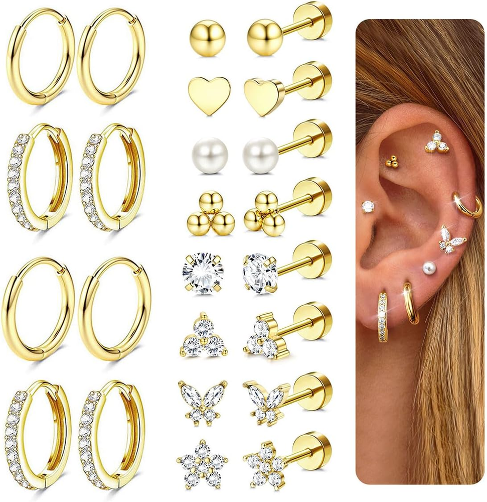 Hypoallergenic Gold Stud Hoop Earrings for Women Men Surgical Stainless Steel Fl