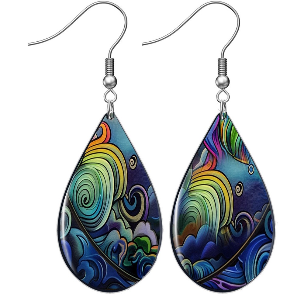 Abstract Art Wood Earrings Watercolor Art Print Teardrop Sterling Silver Wires-image