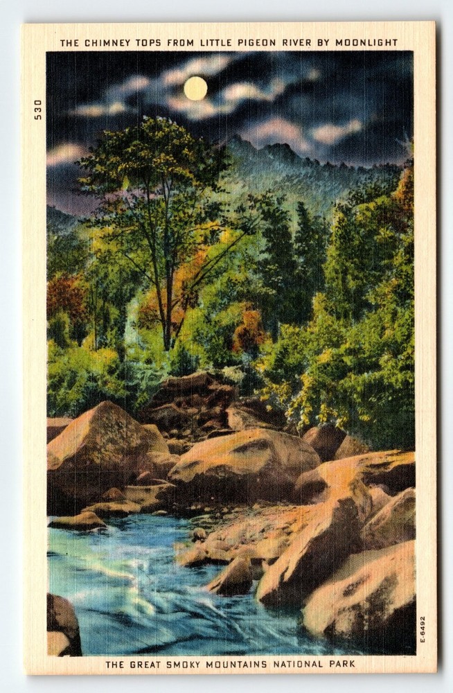 Vintage Linen Postcard Chimney Tops Little Pigeon River Moonlight