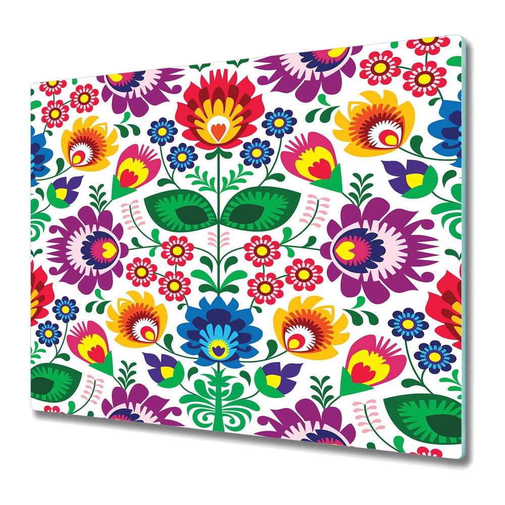 Glass Worktop Kitchen Chopping Board Floral polish Colourful green and red 60x52
