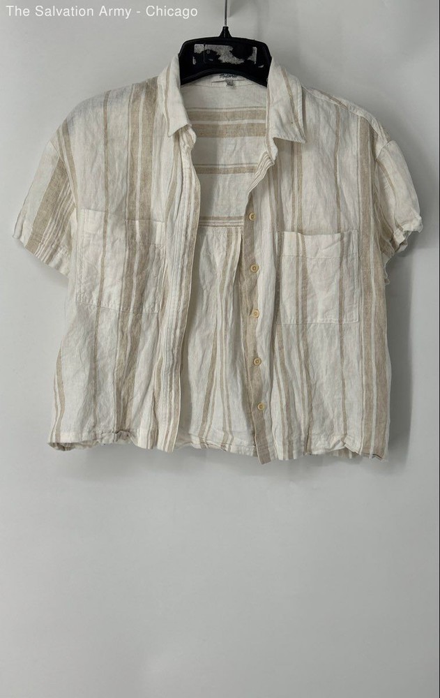 Madewell Womens Nude White Striped Cropped Button-Up Shirt Size Small