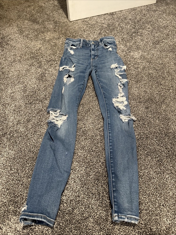 American Eagle Super Hi Rise Jegging Womens Size 0 Reg Blue Distressed Stretch