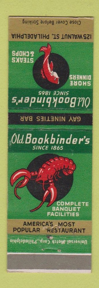 Matchbook Cover - Bookbinder's Restaurant lobster Philadelphia PA