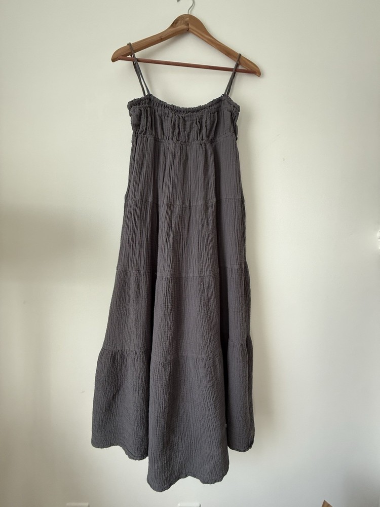 ✿ Zara Women’s Gray Crinkle Maxi Dress Size S Spaghetti Strap Boho Summer Casual