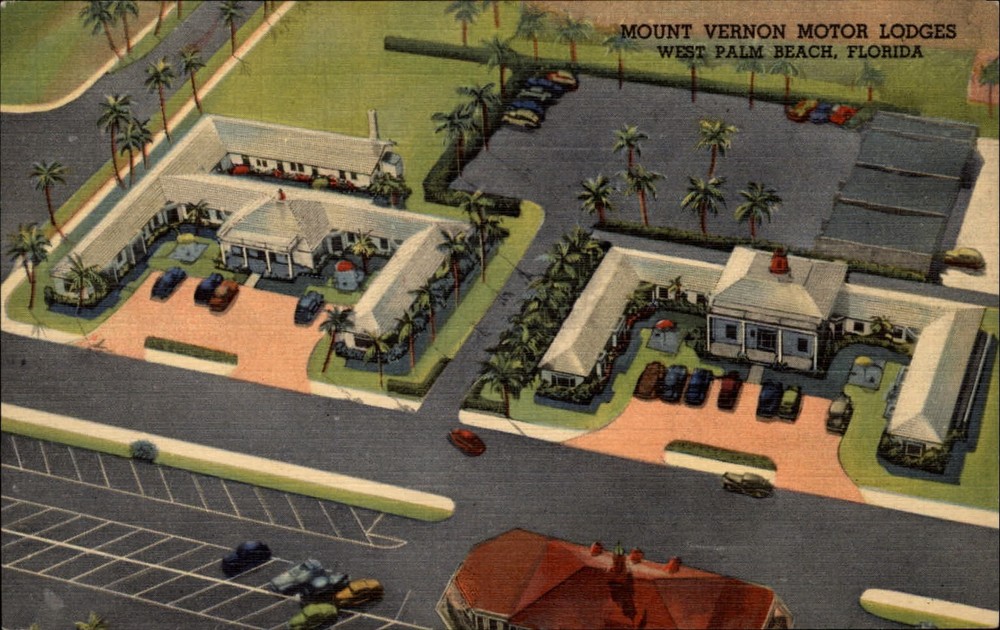 Mt Vernon Motor Lodges ~ West Palm Beach Florida ~ 1940s aerial view postcard