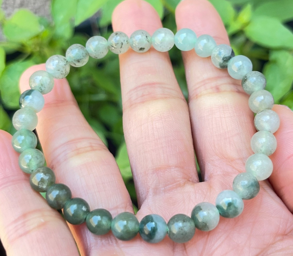 Natural Burmese Green Jadeite Beaded Bracelet - Wax Texture - Untreated - 13.5