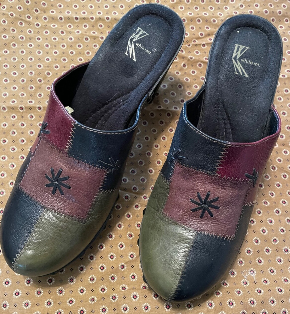 PATCHWORK LEATHER CLOGS/Mule w/ Studs, Block Heel by White Mt. - Women's Sz 8