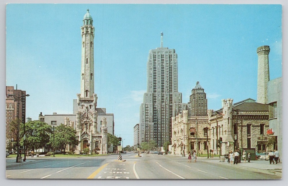 Chicago Water Tower Palmolive Building Michigan Ave Vintage Postcard Chrome