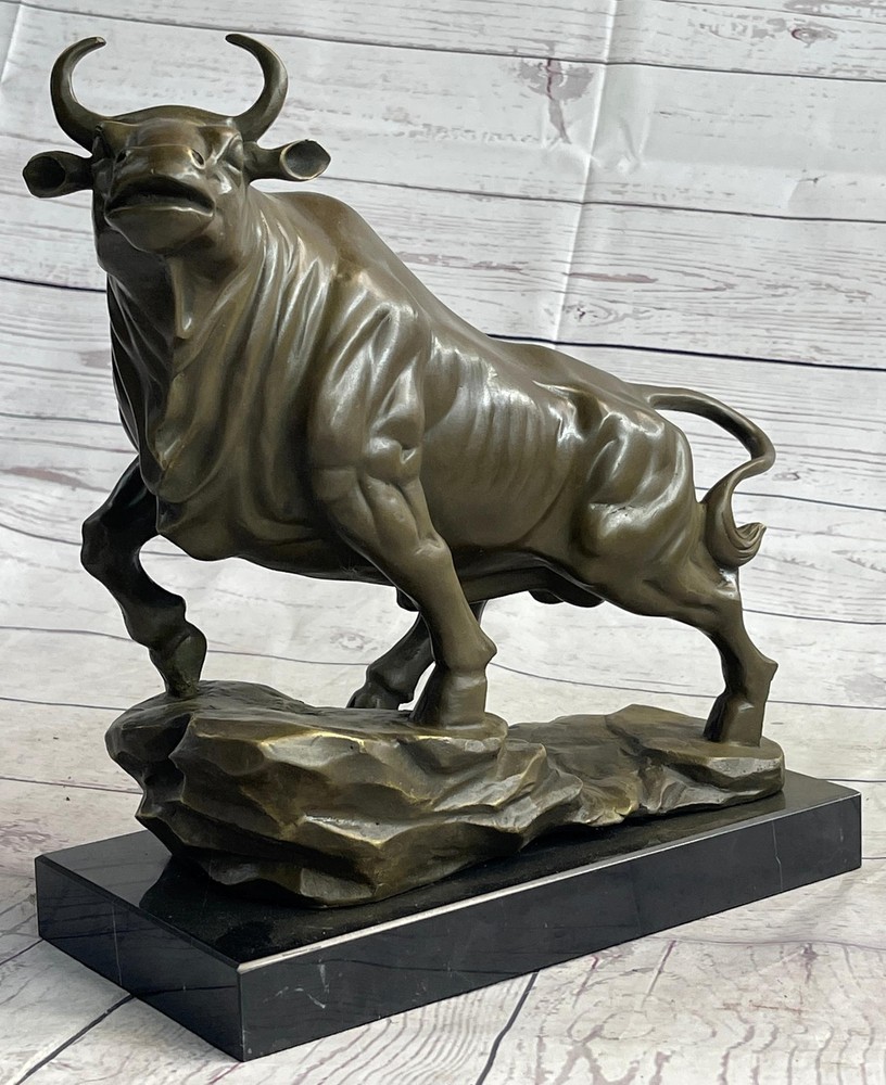 Upward Facing Bull Bronze Sculpture Statue Marble Base Original Art 12