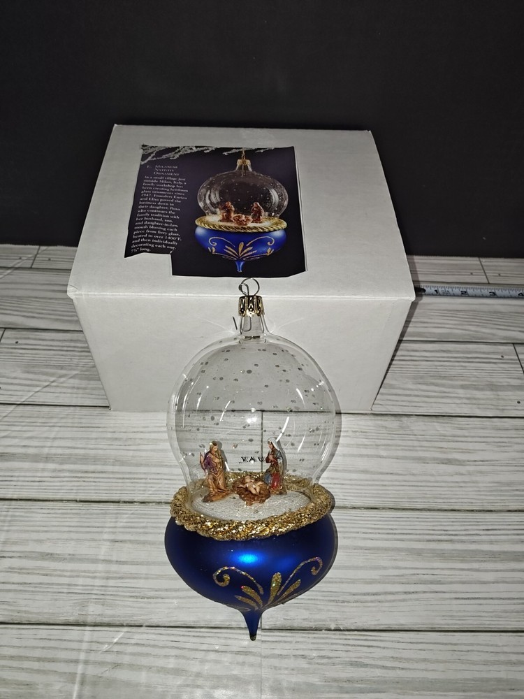 Soffieria De Carlini Italy Nativity Globe Glass Ornament Hand Blown Blue & Gold