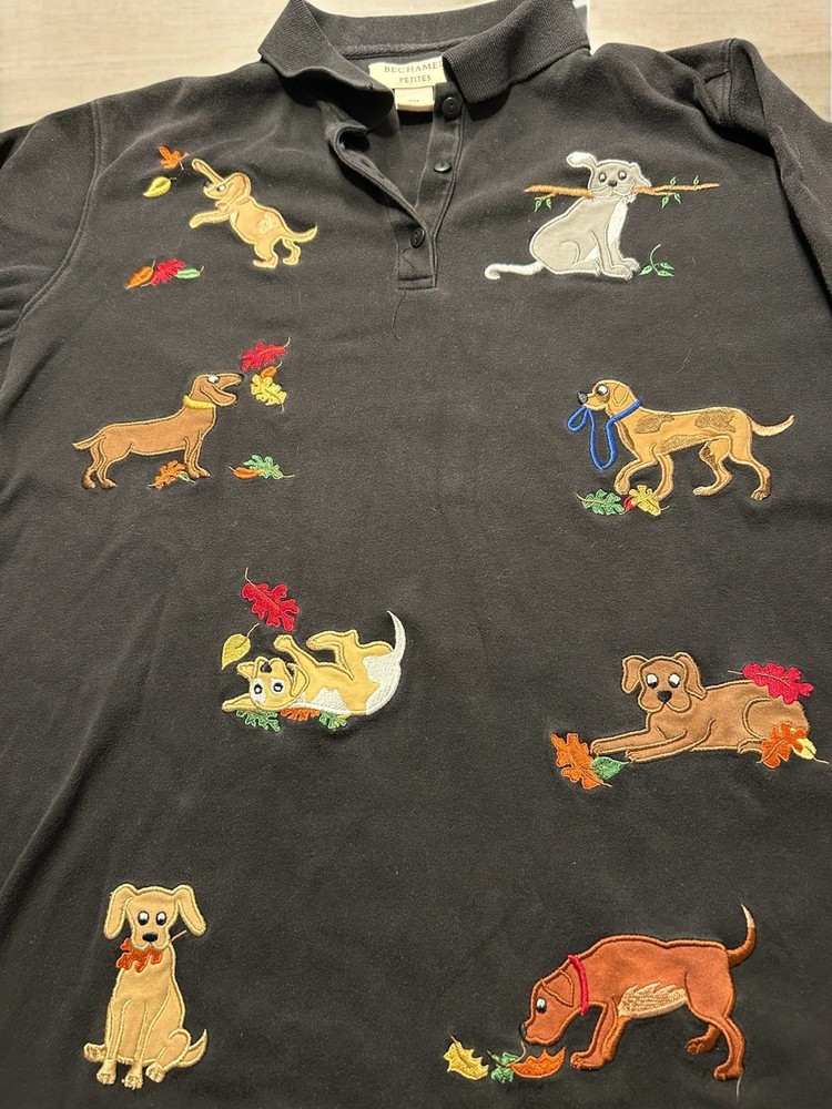 Bechamel Women's Polo Shirt Black Petite Medium Long Sleeve Embroidered Dogs