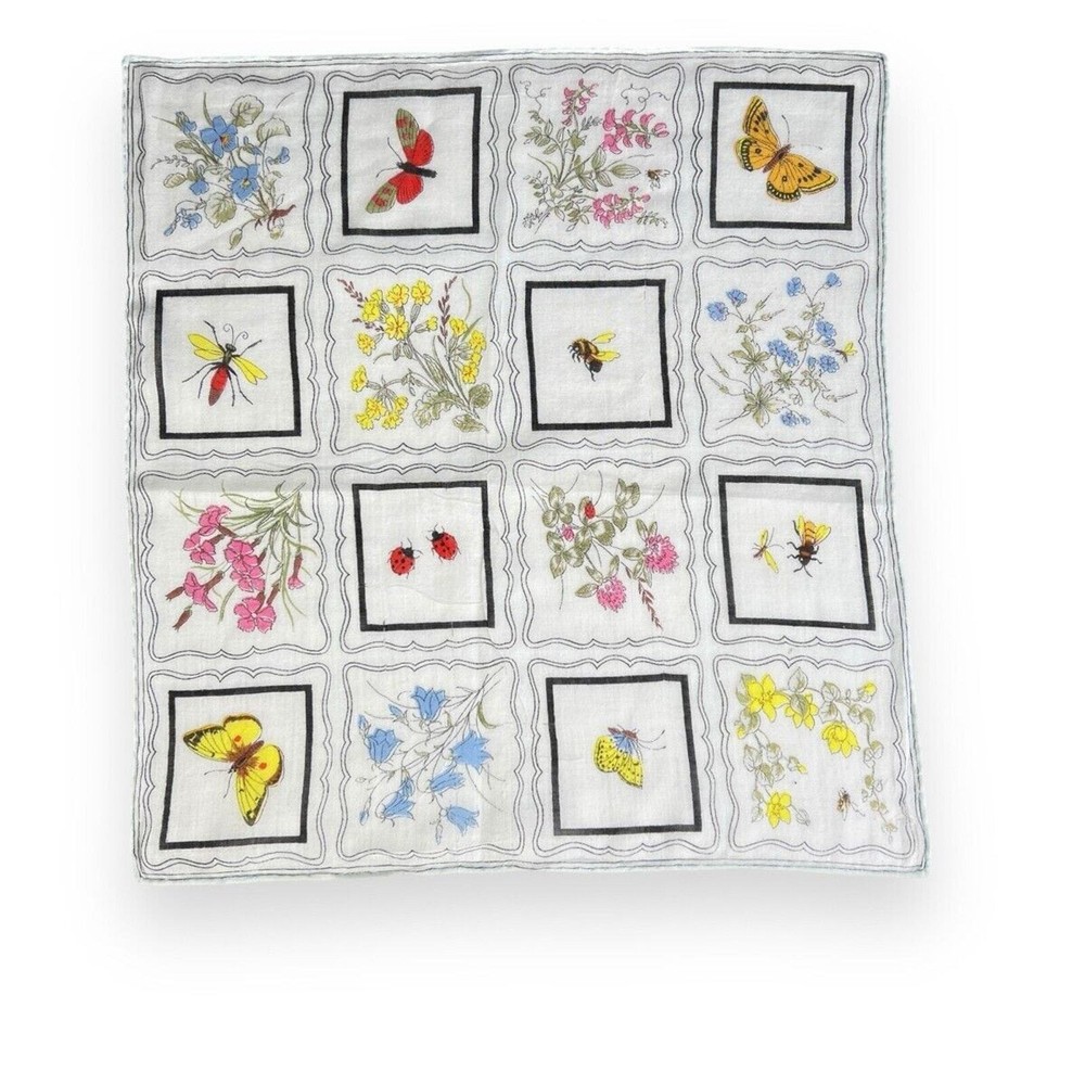 Handkerchief Vintage Printed Flowers Insects Pastel Nature Colors White Square