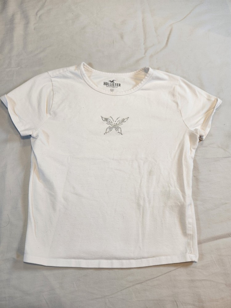 Hollister Y2K Rhinestone Glitter Butterfly Short Sleeve T-Shirt Cotton Size S