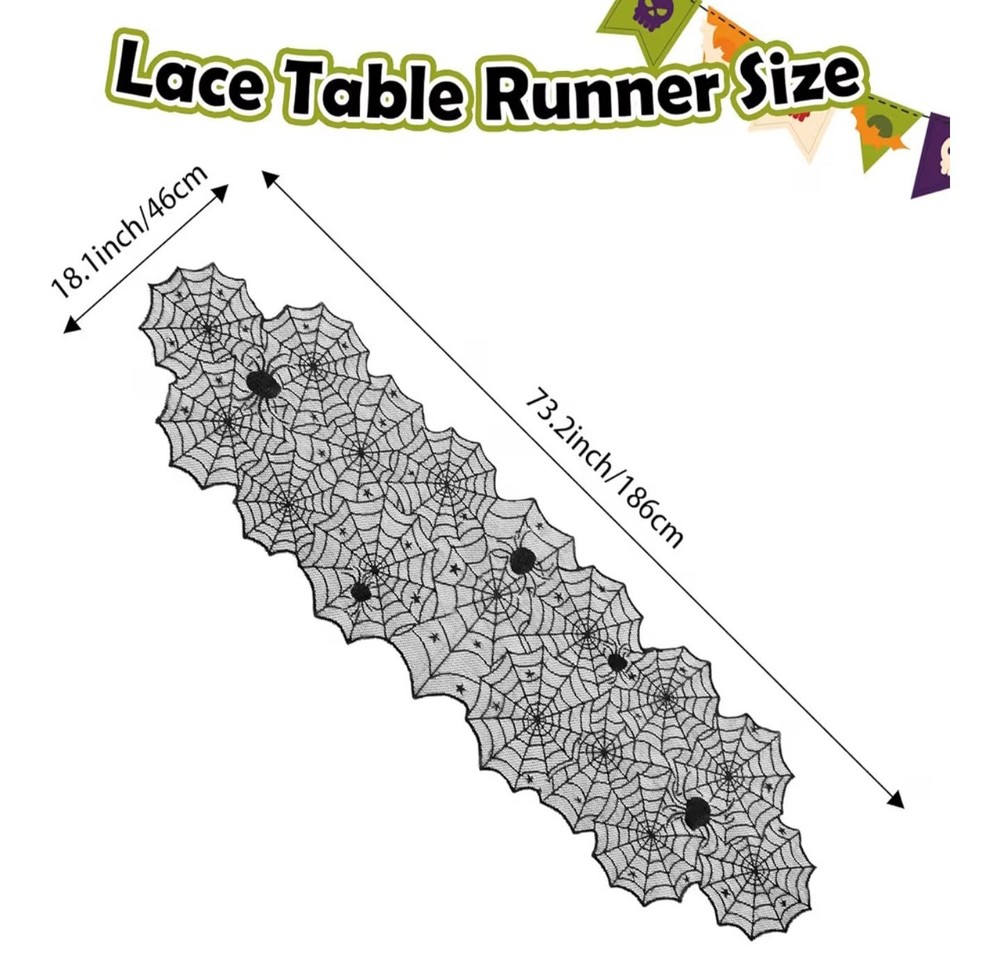 Halloween Black Lace Spider Web Table Runner 18x72