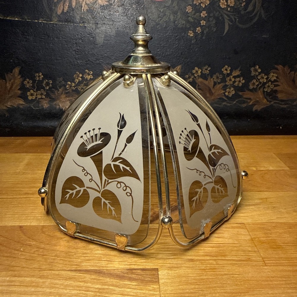 Vintage Regency Glass & Brass Table Lampshade- Lampshade Only! 7” Dia 6.5” H