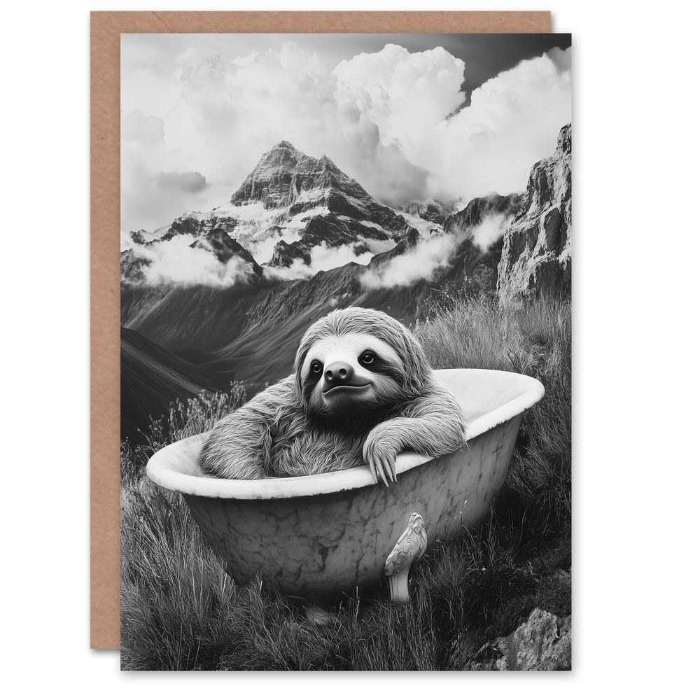 Sloth in Bathtub on Mountain Black White Surreal Birthday Greeting Card