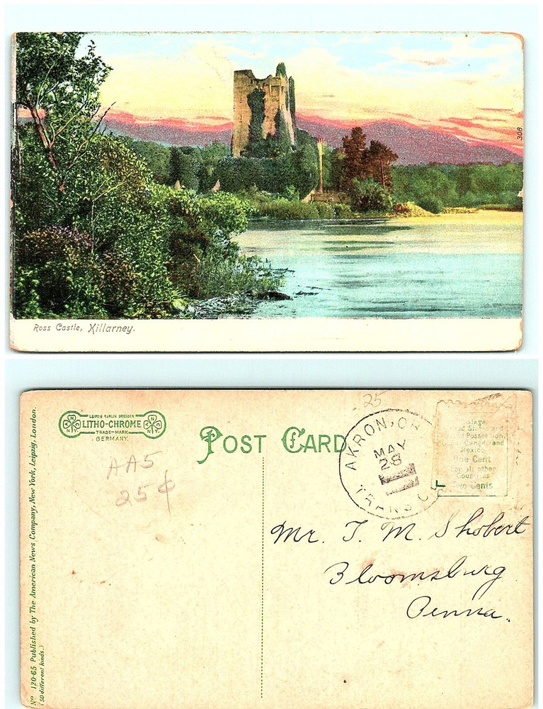 S02-5018, ROSS CASTLE, KILLARNEY, U.K. 1900S POSTMARKED, POSTCARD