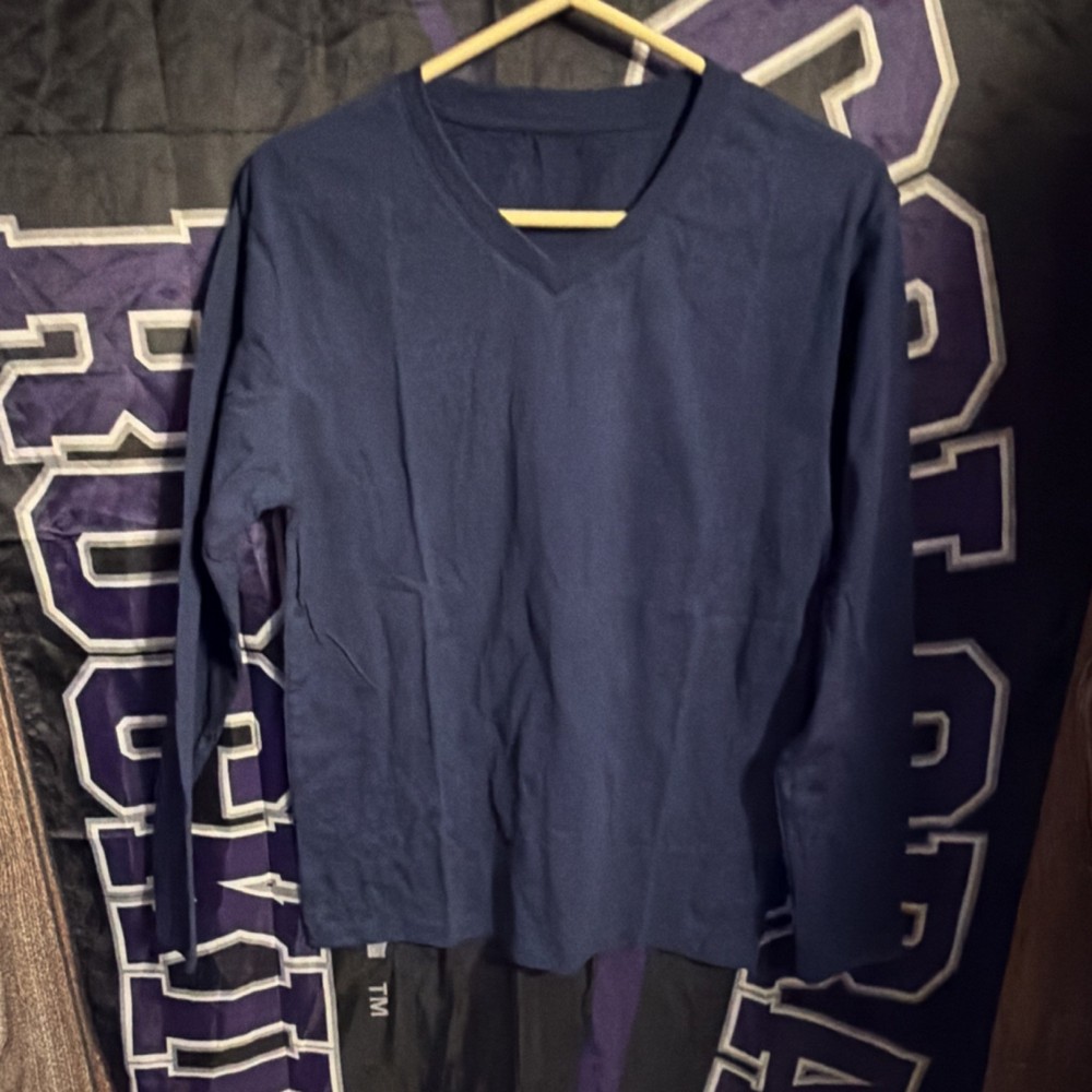 Navy Blue Men's M Solid Cotton Knit Long Sleeve V-Neck T-Shirt