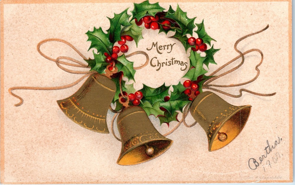 c1910s - Three Gold Bells With Holly Wreath Embossed Christmas - Postcard - P13