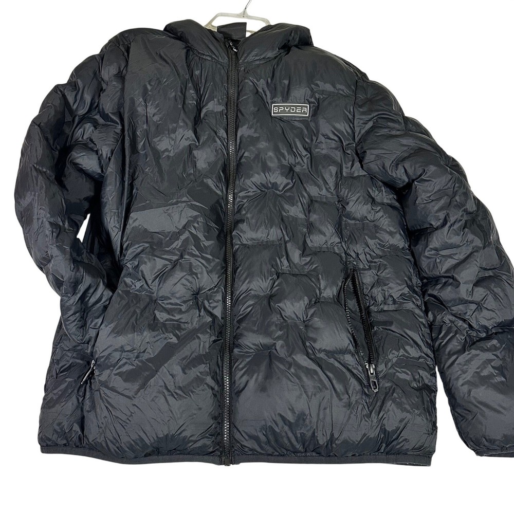 Spyder Mens L Hooded Puffer Jacket Black Quilted Full Zip Insulated Lightweight