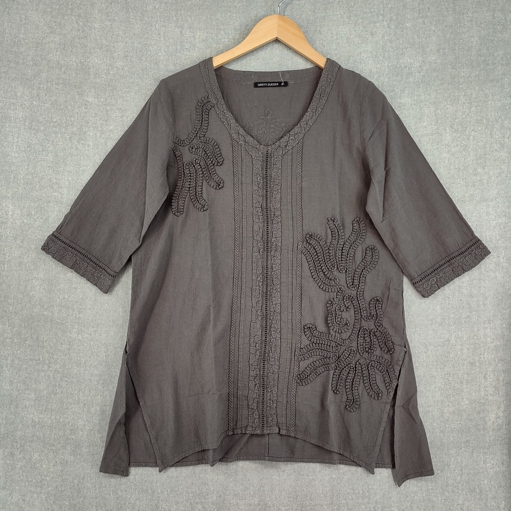 Gretty Zueger Top Womens Small Brown Western Bohemian Embroidered Cotton Tunic
