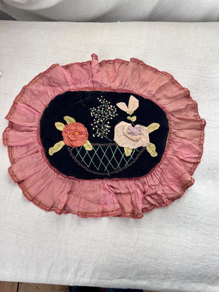 17x12 c1880 Victorian Ribbonwork Pillow Wabi Sabi Antique Boudoir Cushion Shabb