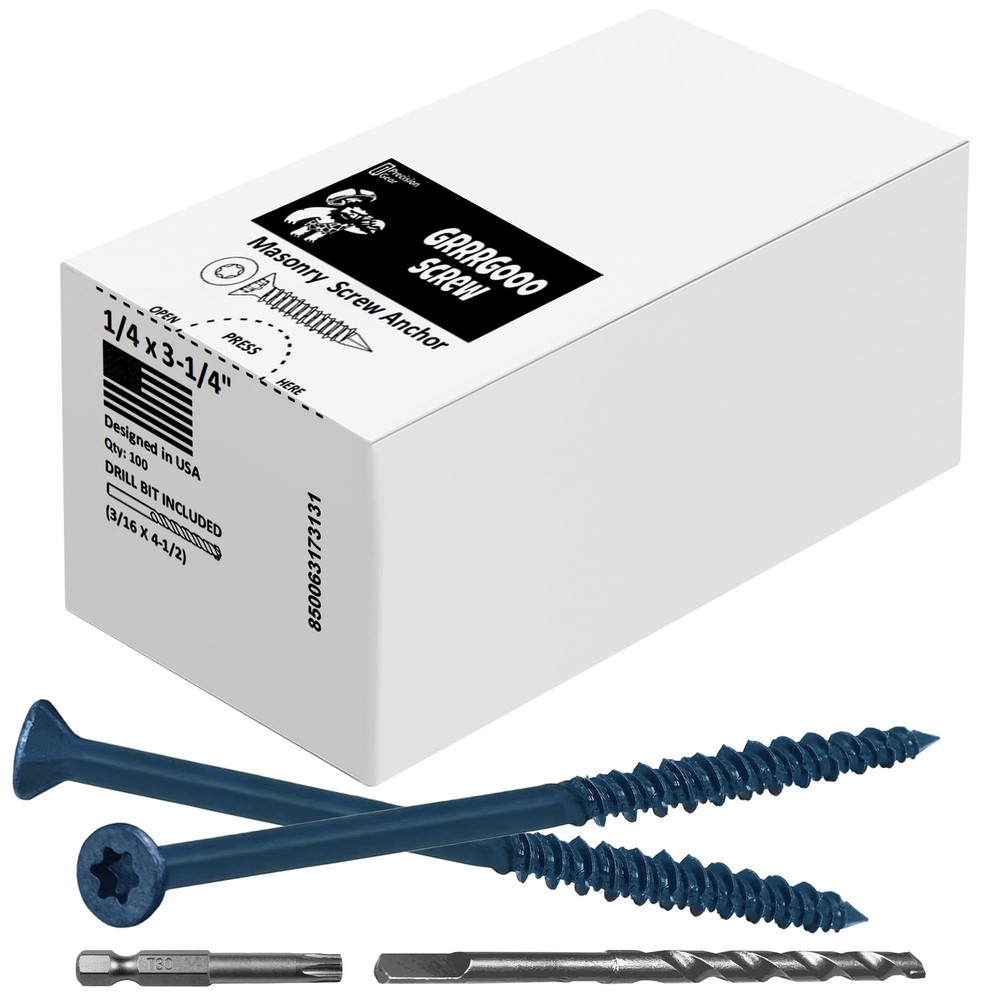 1/4 x 3-1/4 Inch Torx Star Concrete Screws - Steel Masonry Anchors for Concrete Blocks