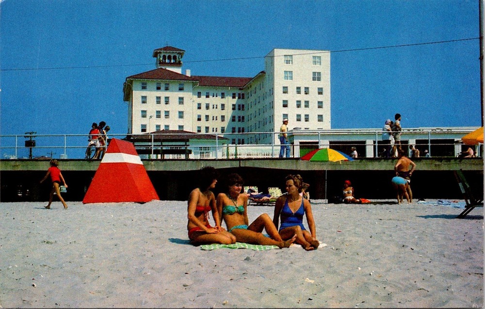 Dr Jim Stamps Postcard The Flanders Hotel Women In Swimsuits On Beach