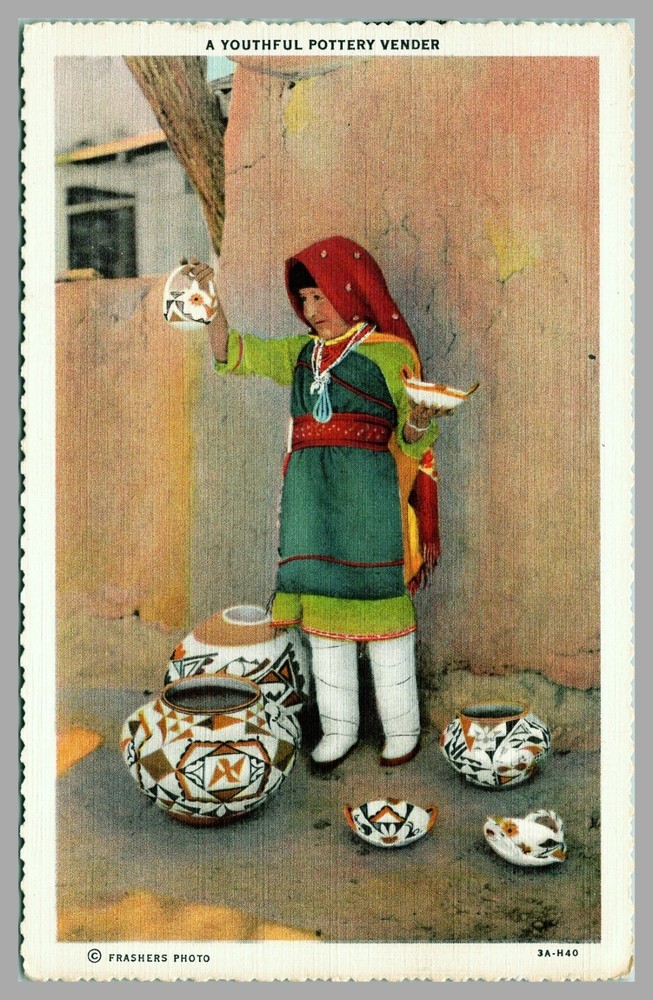 Pueblo Indian New Mexico Youthful Pottery Vender WB c1930 Vintage Postcard