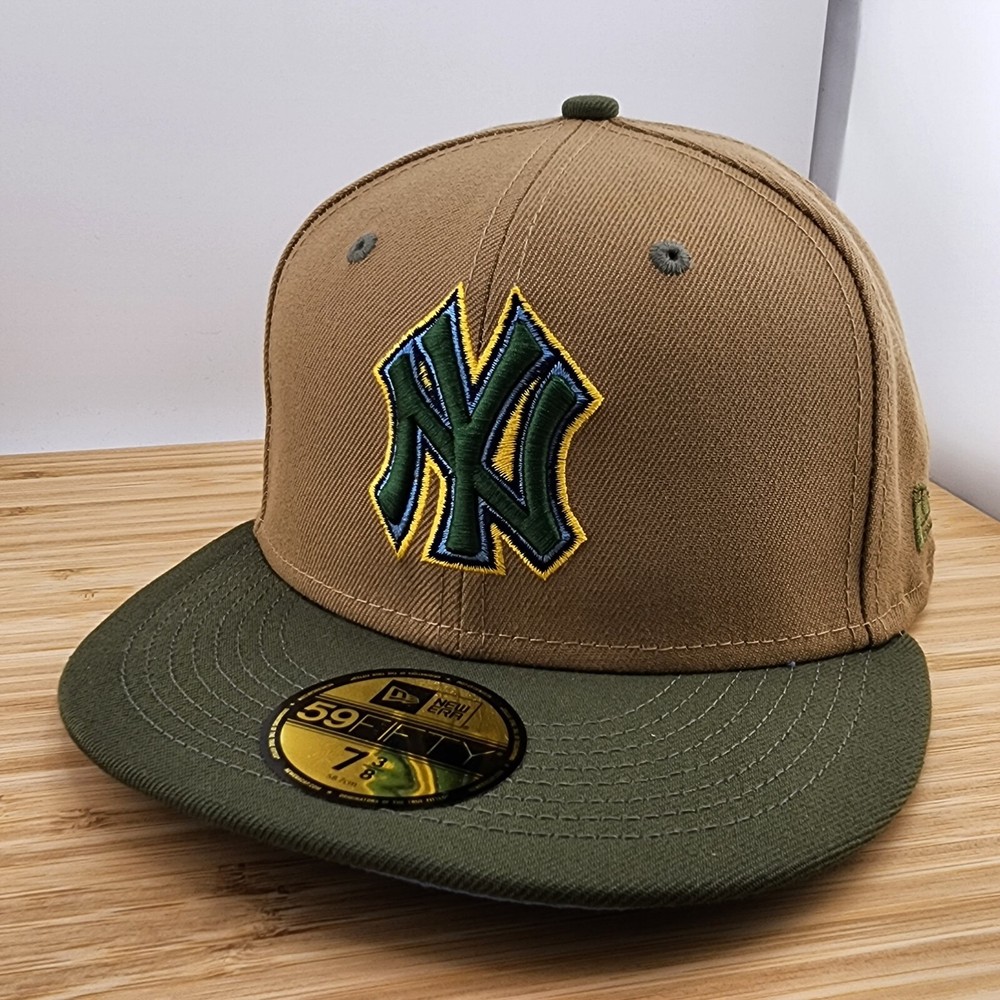 New York Yankees Fitted Hat, Tan & Blue Cap, Cooperstown, New Era 5950, Sz 7 3/8