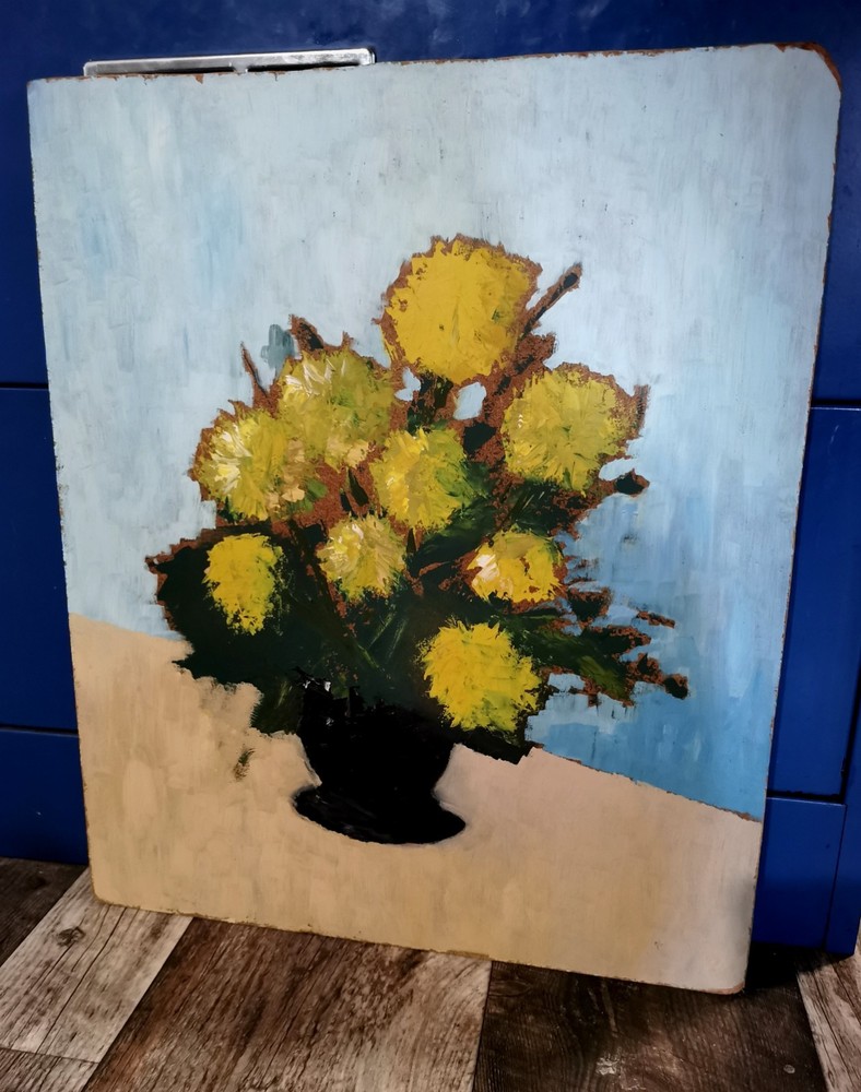 Original Vintage Oil Painting On Masonite Board Still Life Yellow Bouquet 20x24