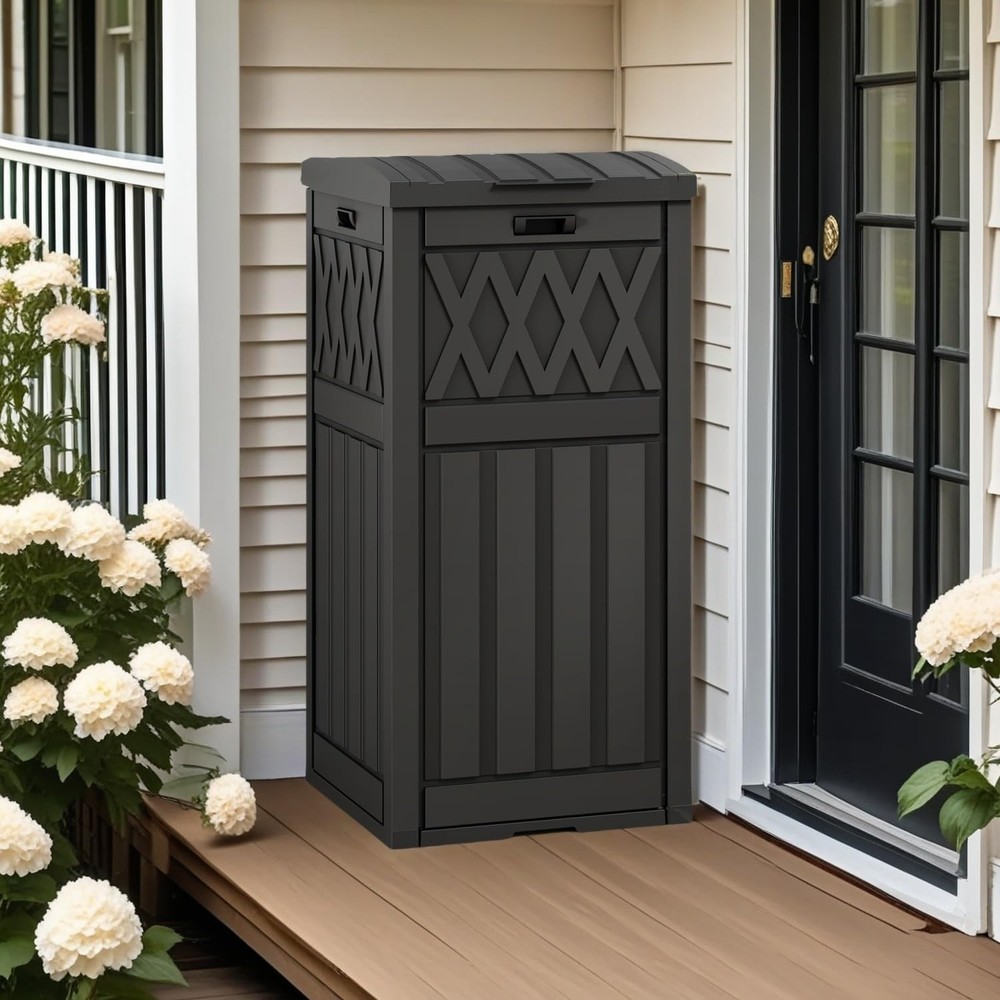 YITAHOME Outdoor Trash Bin with Layered Lid & Drip Tray 33 33 Gallon, BLACK