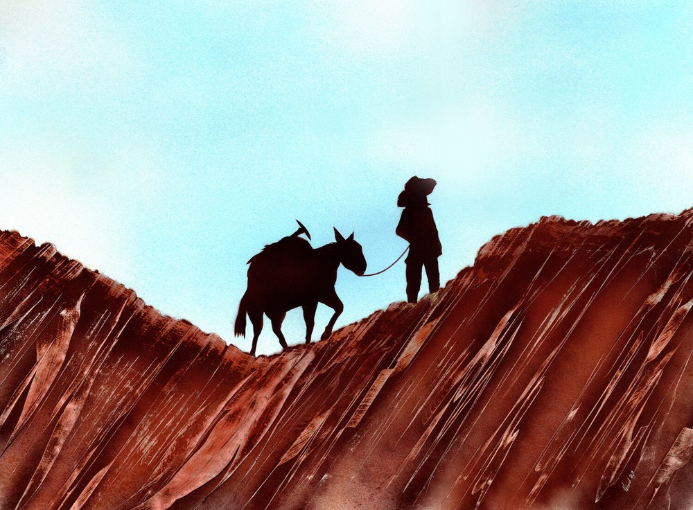 Painting of Gold Miner and Pack Mule on Mountain by Jason Girard in Medium size