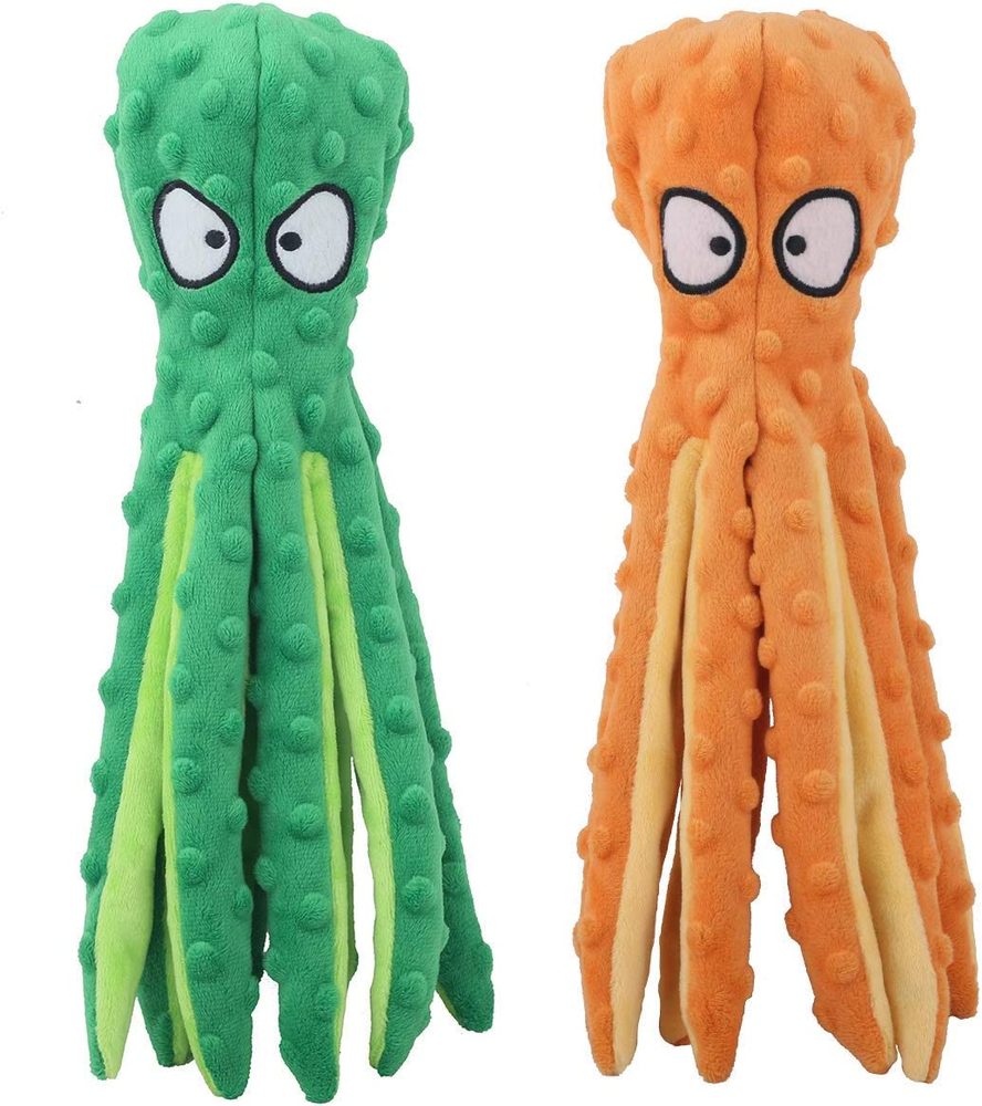Dog Squeaky Toys Octopus - No Stuffing Crinkle Plush Toys for Puppy Teething, Du